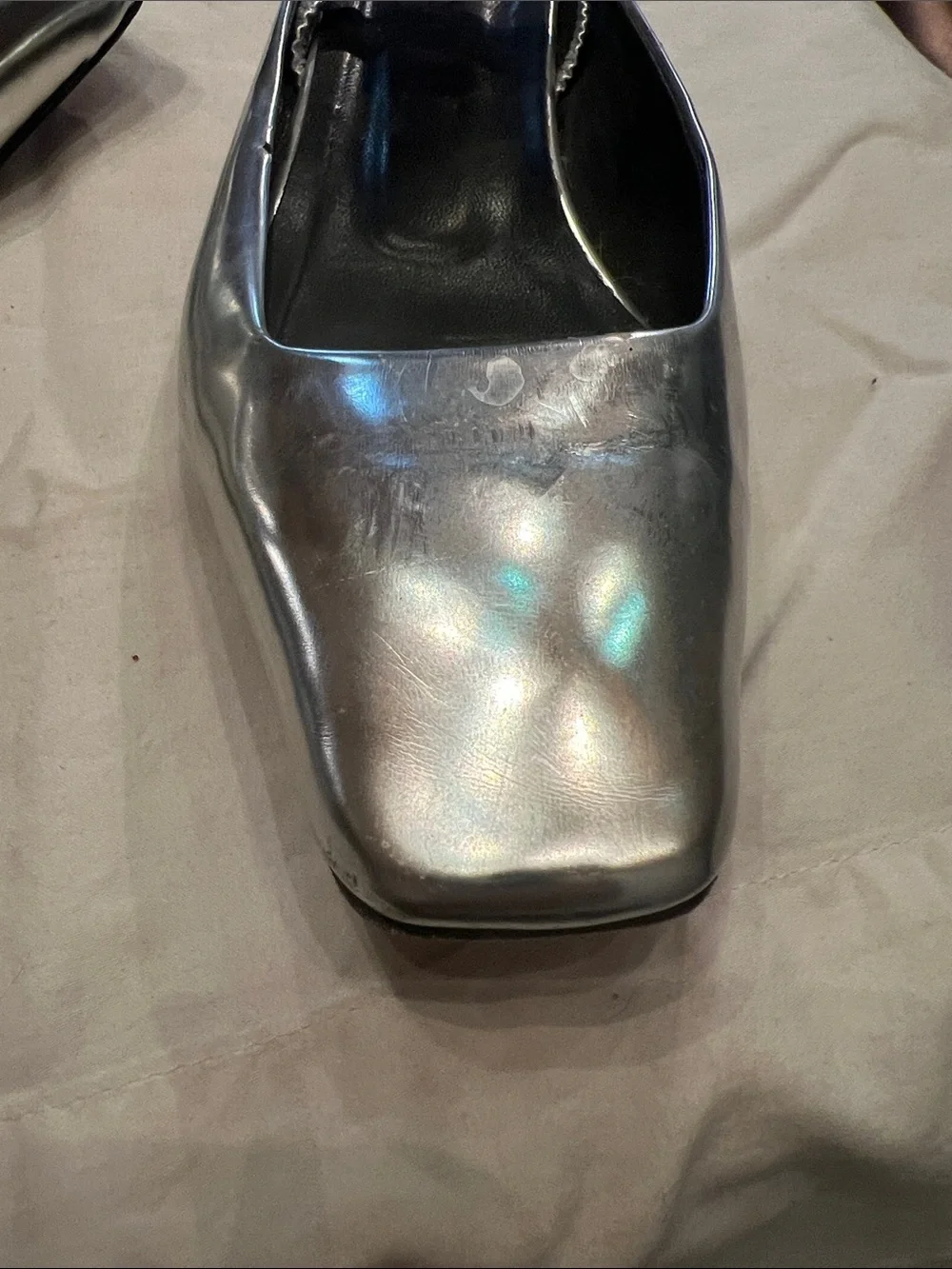 Metallic Silver Square-Toe Slingback Flats for Women