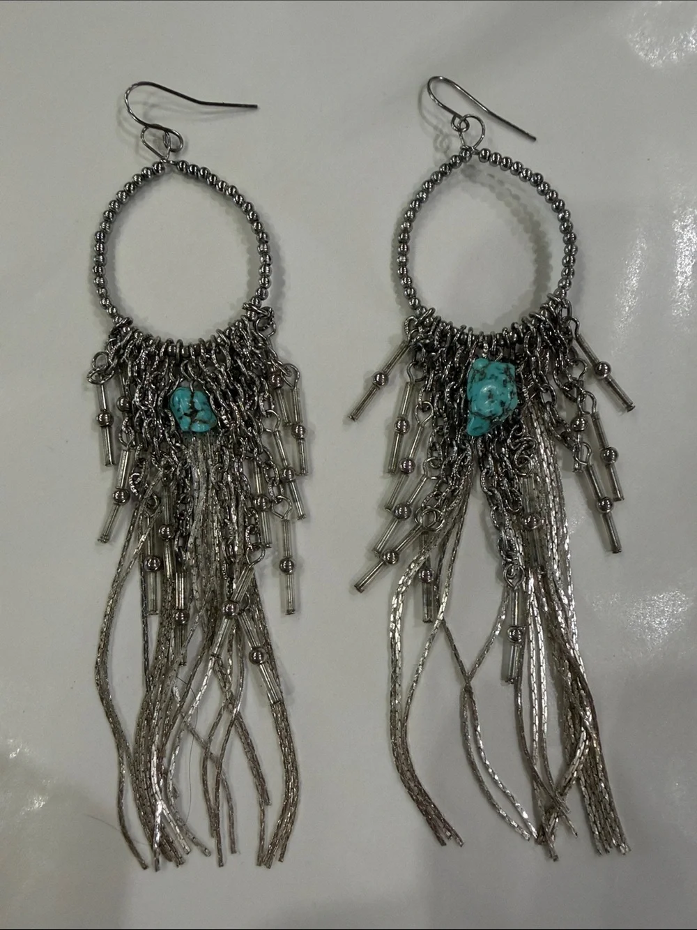 Silver Fringe Hoop Earrings with Turquoise Accent - Women Jewelry