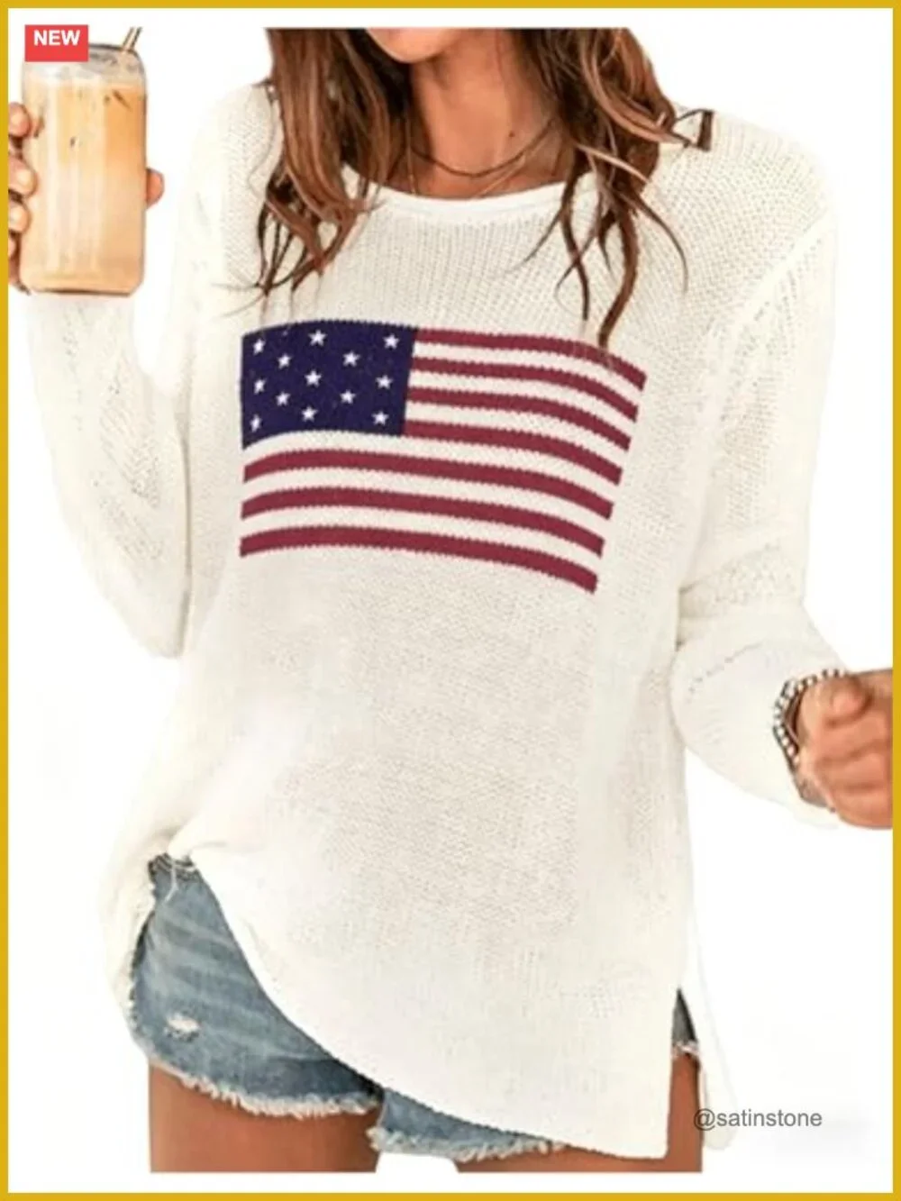 Letter Print Crochet Long Sleeve Cover Up Crew Neck Split Hem Pullover Sweater
