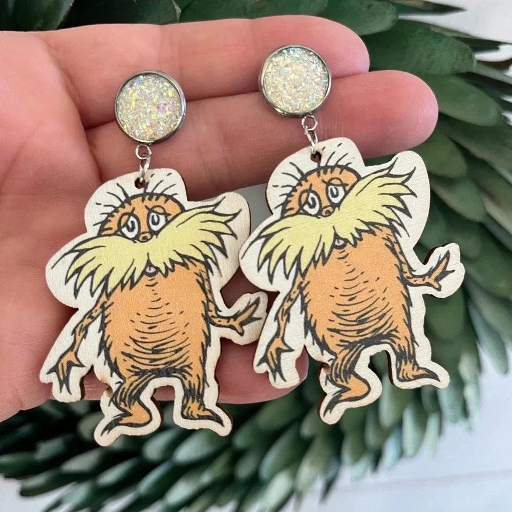 Brand new Dr. Seuss Lorax book inspired wooden dangle earrings