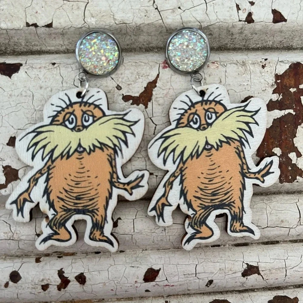 Brand new Dr. Seuss Lorax book inspired wooden dangle earrings
