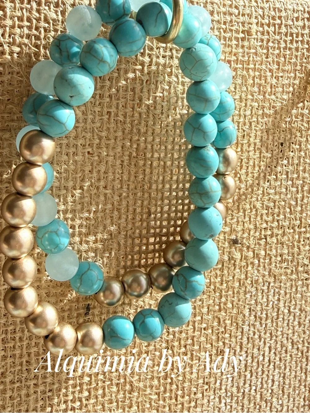 DUO + Stack +!Turquoise and Mint Beaded Bracelet with Antique-Gold
