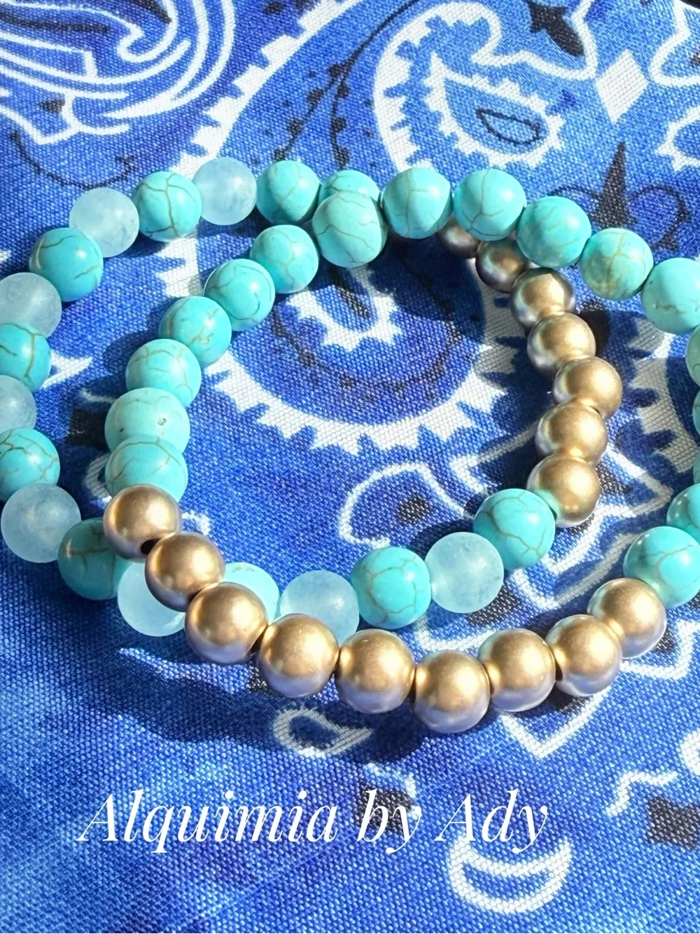 DUO + Stack +!Turquoise and Mint Beaded Bracelet with Antique-Gold
