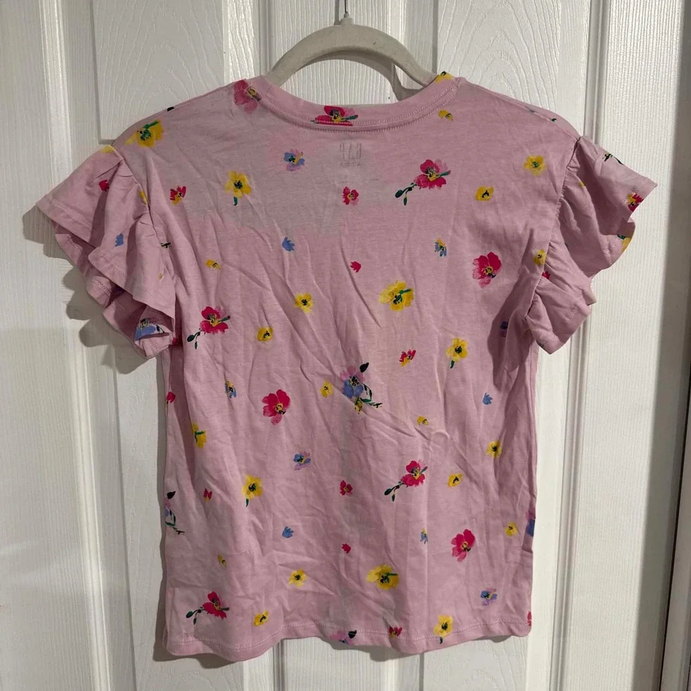 Gap Kids Girls Pink Floral Ruffle Flutter Sleeve Cotton T-Shirt Size L 10/12