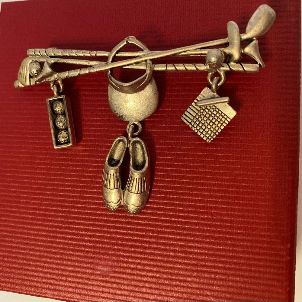 DANECRAFT BROOCH PIN GOLFERS GEAR SILVER TONE CLUBS SHOES BALLS DANGLES DROPS