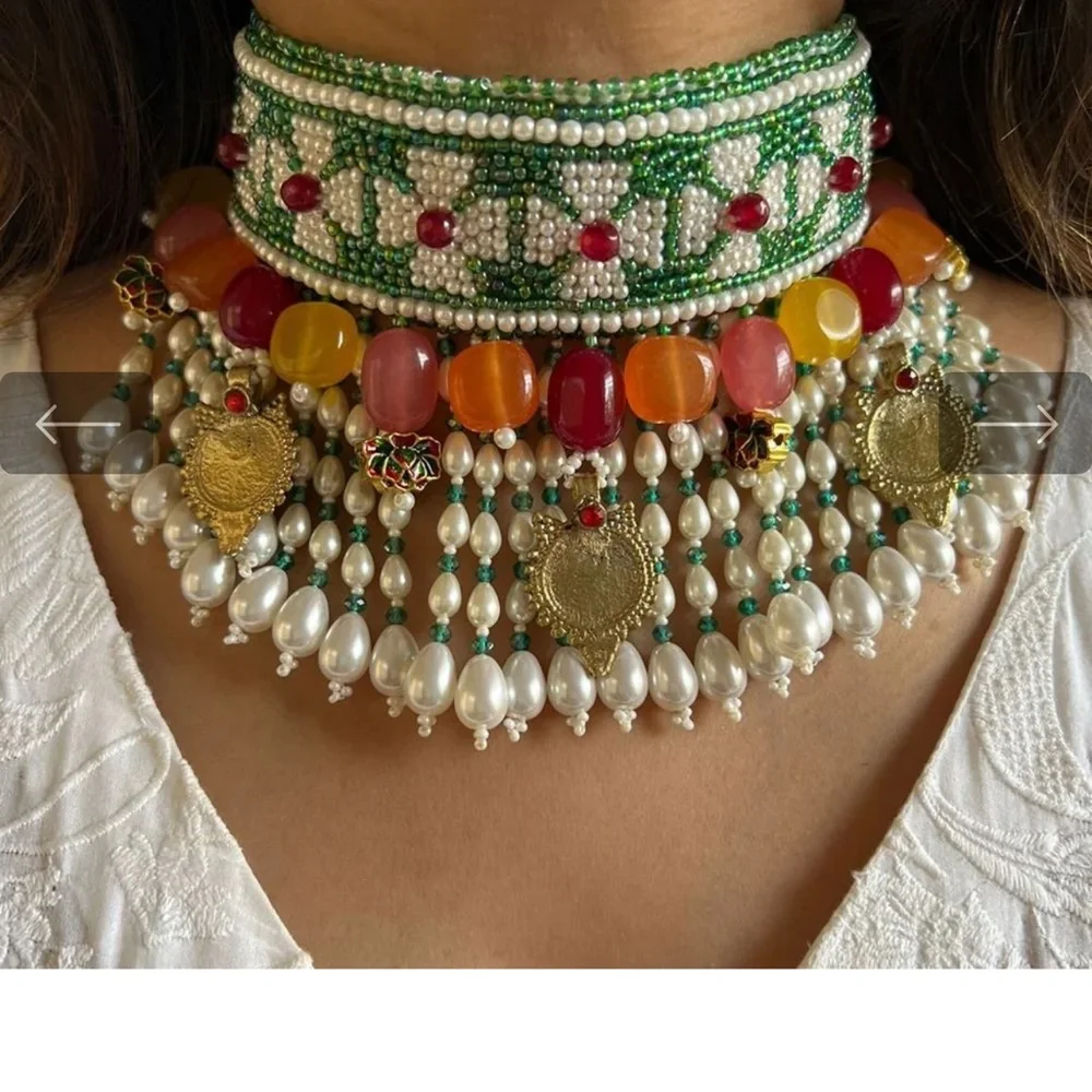 CHOKER  embroidered with pearls with drop pearls,colorful stones & old coins