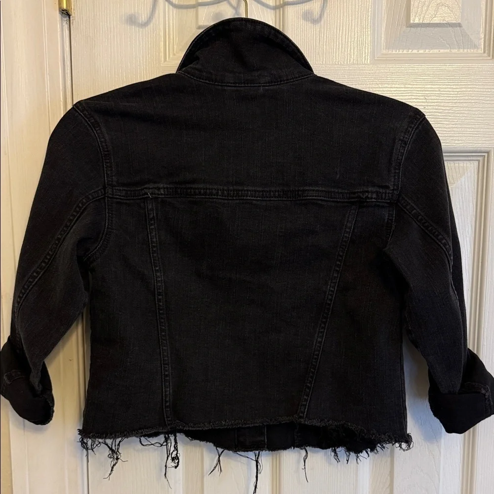 wonder nation Black Cropped Denim Jacket with Raw Fringe Hem