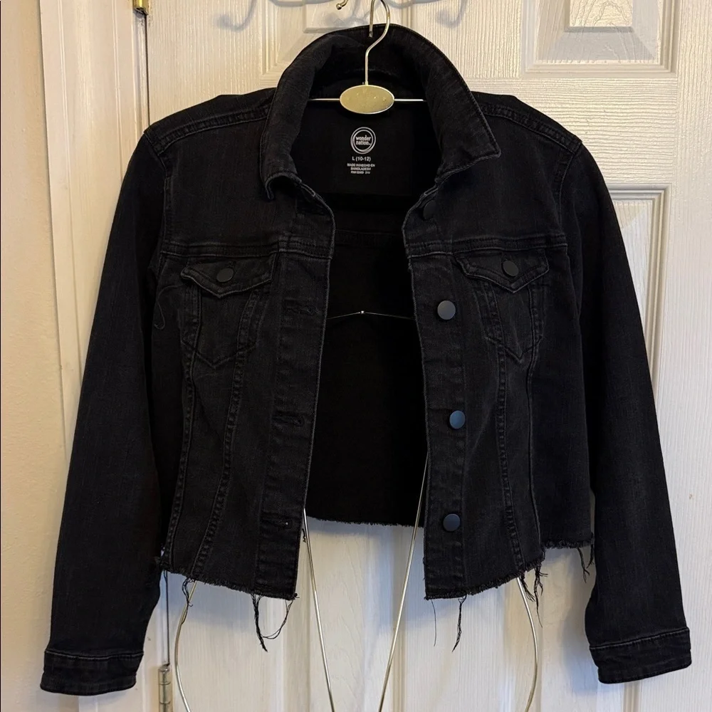 wonder nation Black Cropped Denim Jacket with Raw Fringe Hem