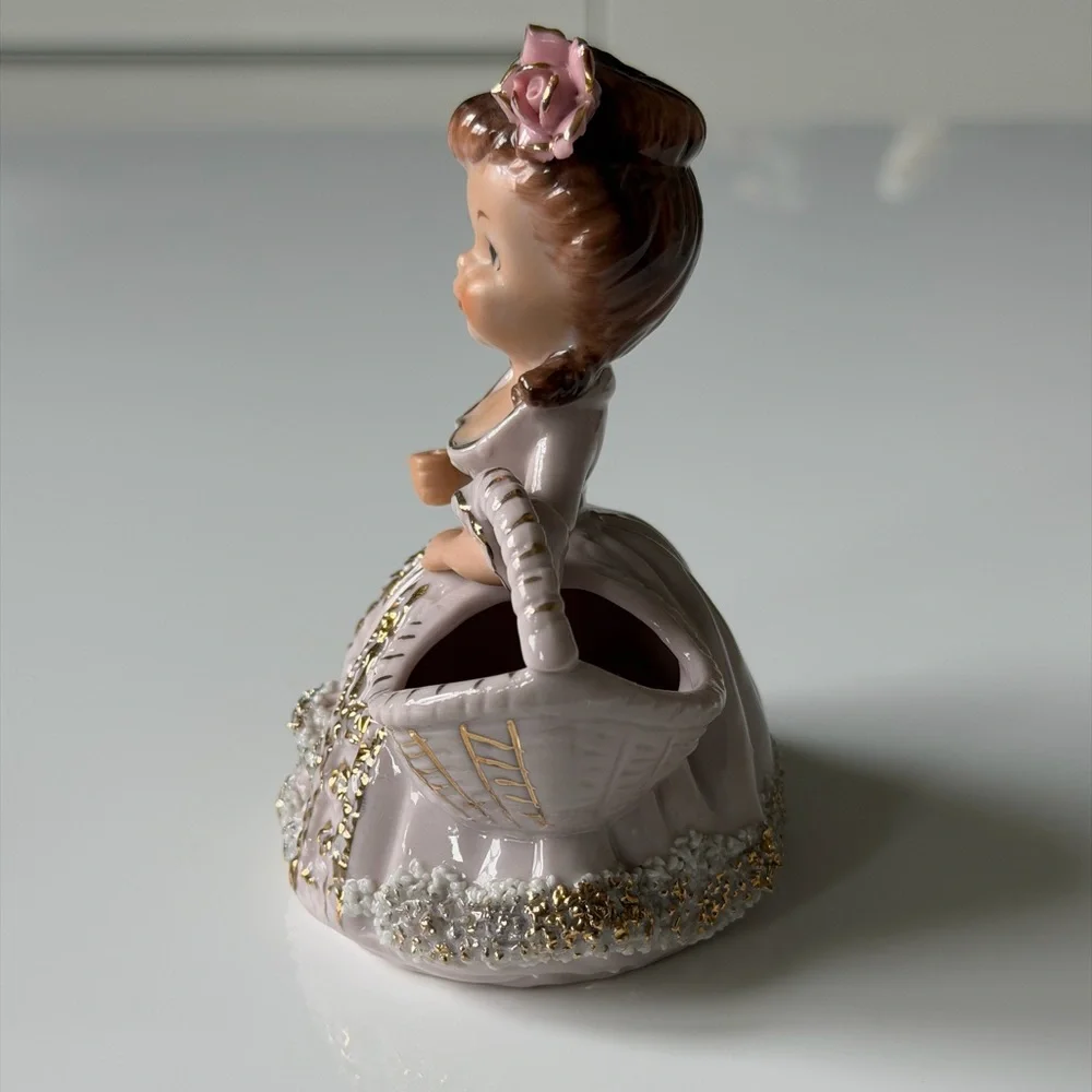 Ucagco Vintage Ceramic Spahgetti Trim Girl Figurine with Basket Planter