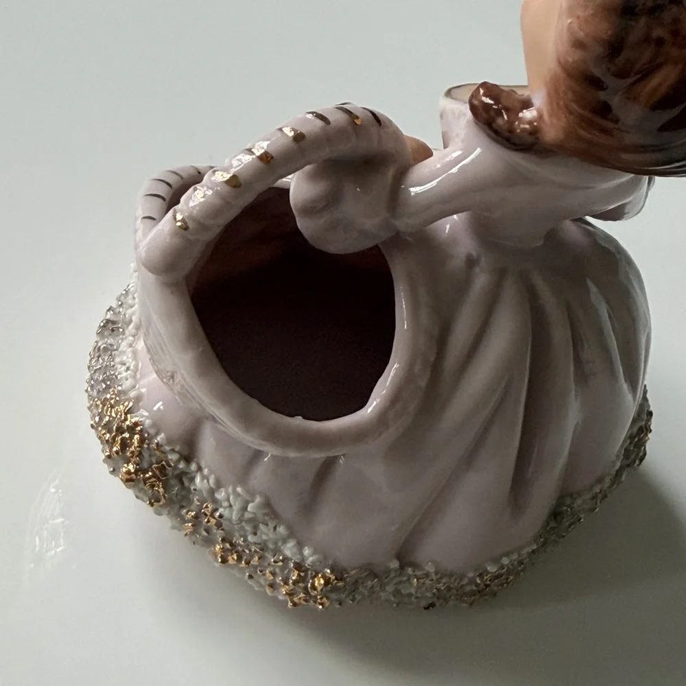 Ucagco Vintage Ceramic Spahgetti Trim Girl Figurine with Basket Planter