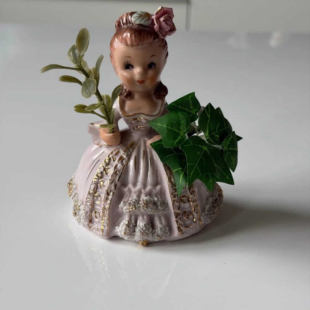 Ucagco Vintage Ceramic Spahgetti Trim Girl Figurine with Basket Planter