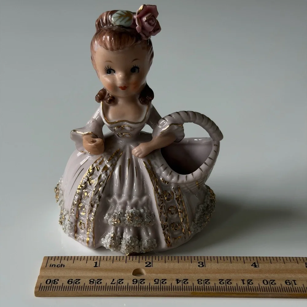 Ucagco Vintage Ceramic Spahgetti Trim Girl Figurine with Basket Planter