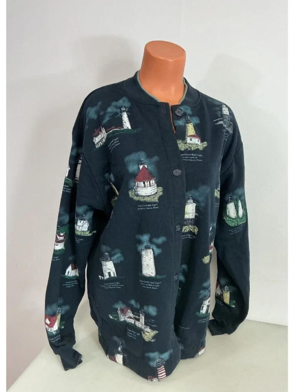 Vintage Lighthouse Sweatshirt Cardigan Made USA Nautical Print Womens XL