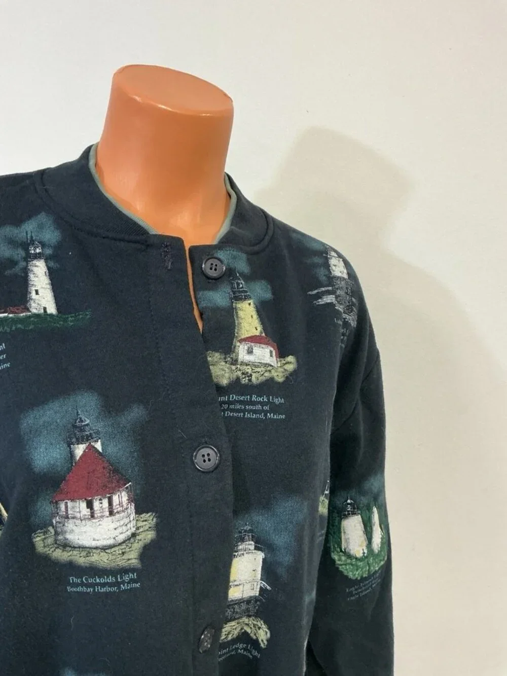 Vintage Lighthouse Sweatshirt Cardigan Made USA Nautical Print Womens XL