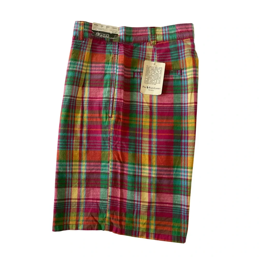 VTG Polo Ralph Lauren Tyler Madras Plaid Shorts Multi Pleated Cotton 18 Prep/29