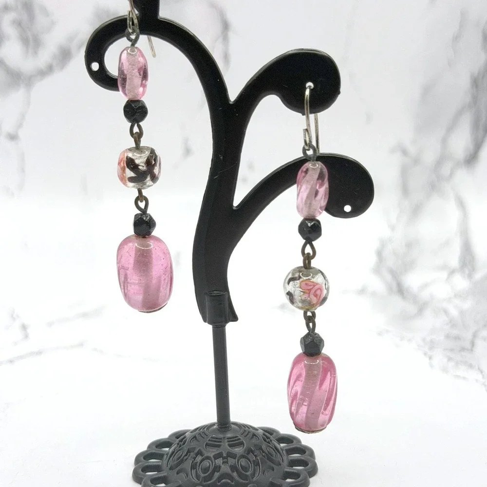 Boho Pink Glass Bead Dangle Drop Earrings‎ Spring Jewelry Garden Party
