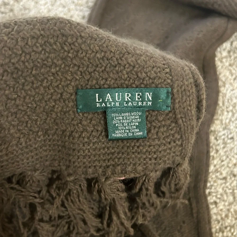 Lauren Ralph Lauren Lambs Wool Rabbit Hair Fringe Boho Scarf Knit Tassel Brown
