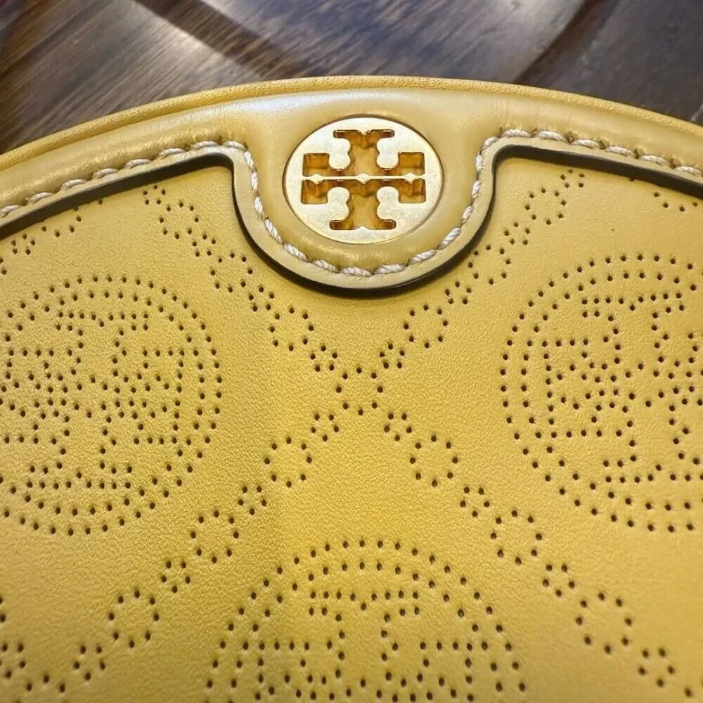 Tory Burch T Monogram Perforated Leather Circle Moon Bag, Golden Sunset, VGUC (C