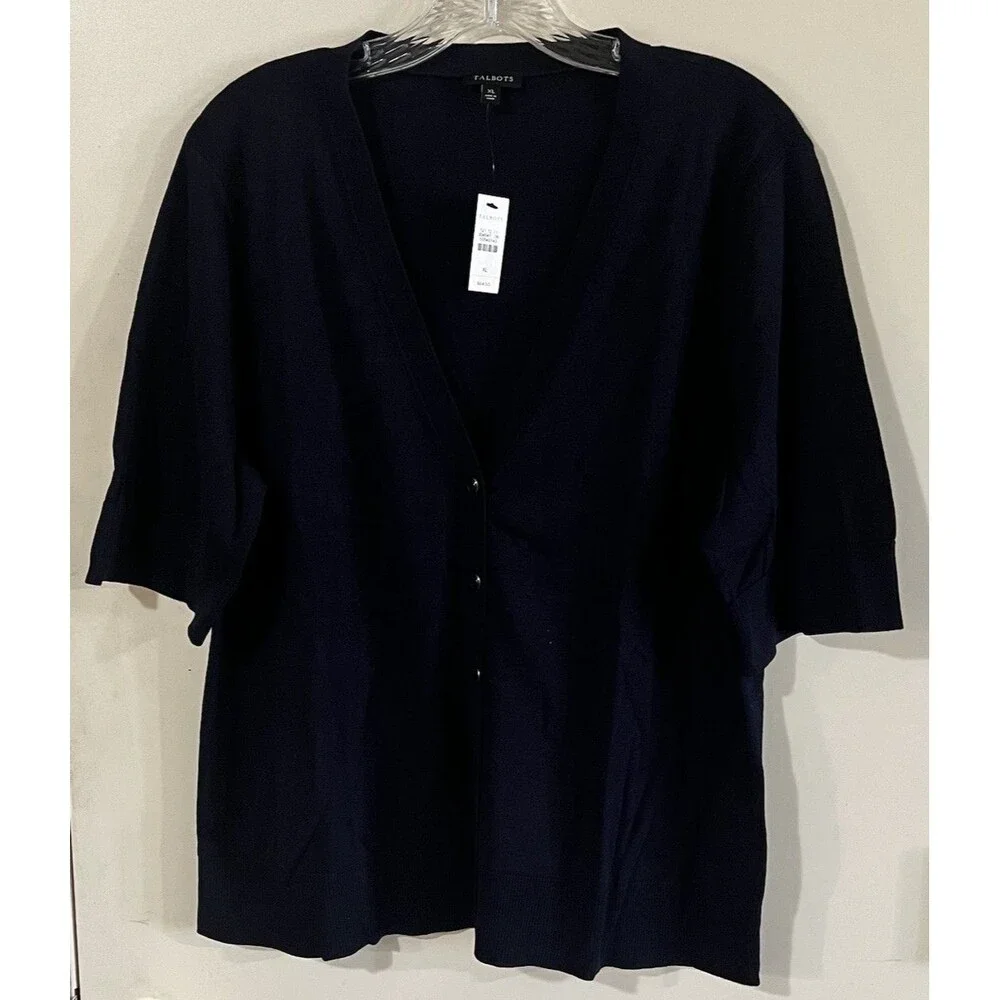 Talbots Women Cotton  Blend Navy Short Sleeve Button Up Top XL NWT