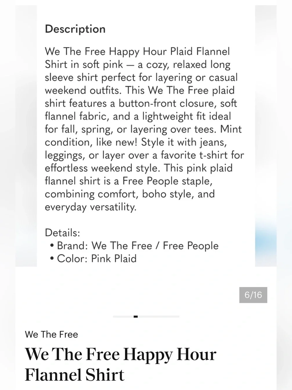 We The Free  /,Free People/ Happy Hour Flannel Shirt  0B/518542  ~ Size S