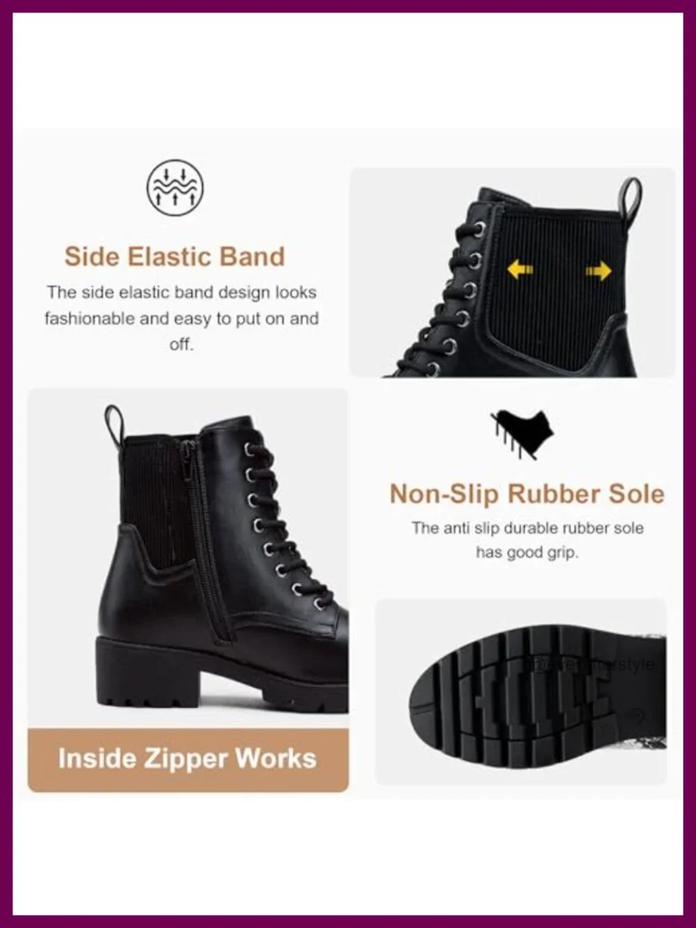 Faux Leather Combat Lace Up Ankle Boots with Inside Zipper