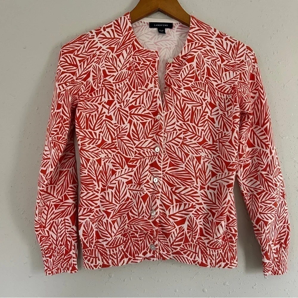 🦋 Lands’ End Coral Palm Tree Leaf Cardigan Comfy Casual XS