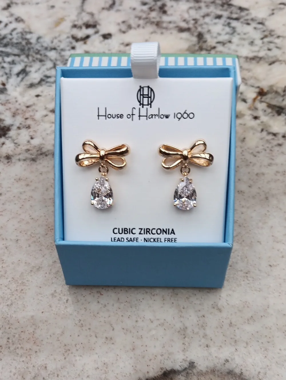 House of Harlow 1960 Gold Bow Earrings with Clear Teardrop Cubic Zirconia NIB