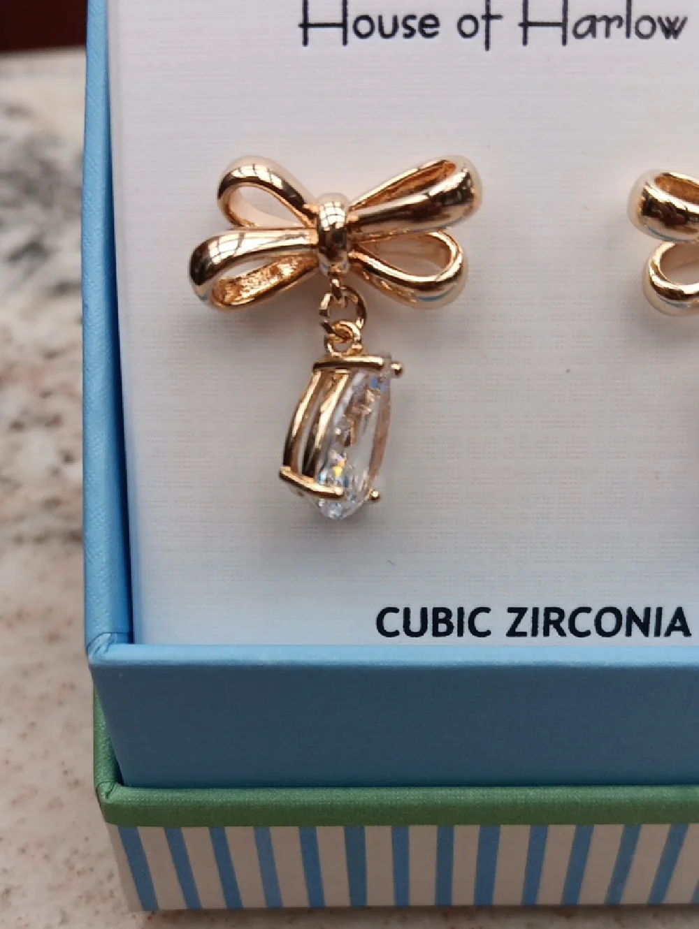 House of Harlow 1960 Gold Bow Earrings with Clear Teardrop Cubic Zirconia NIB