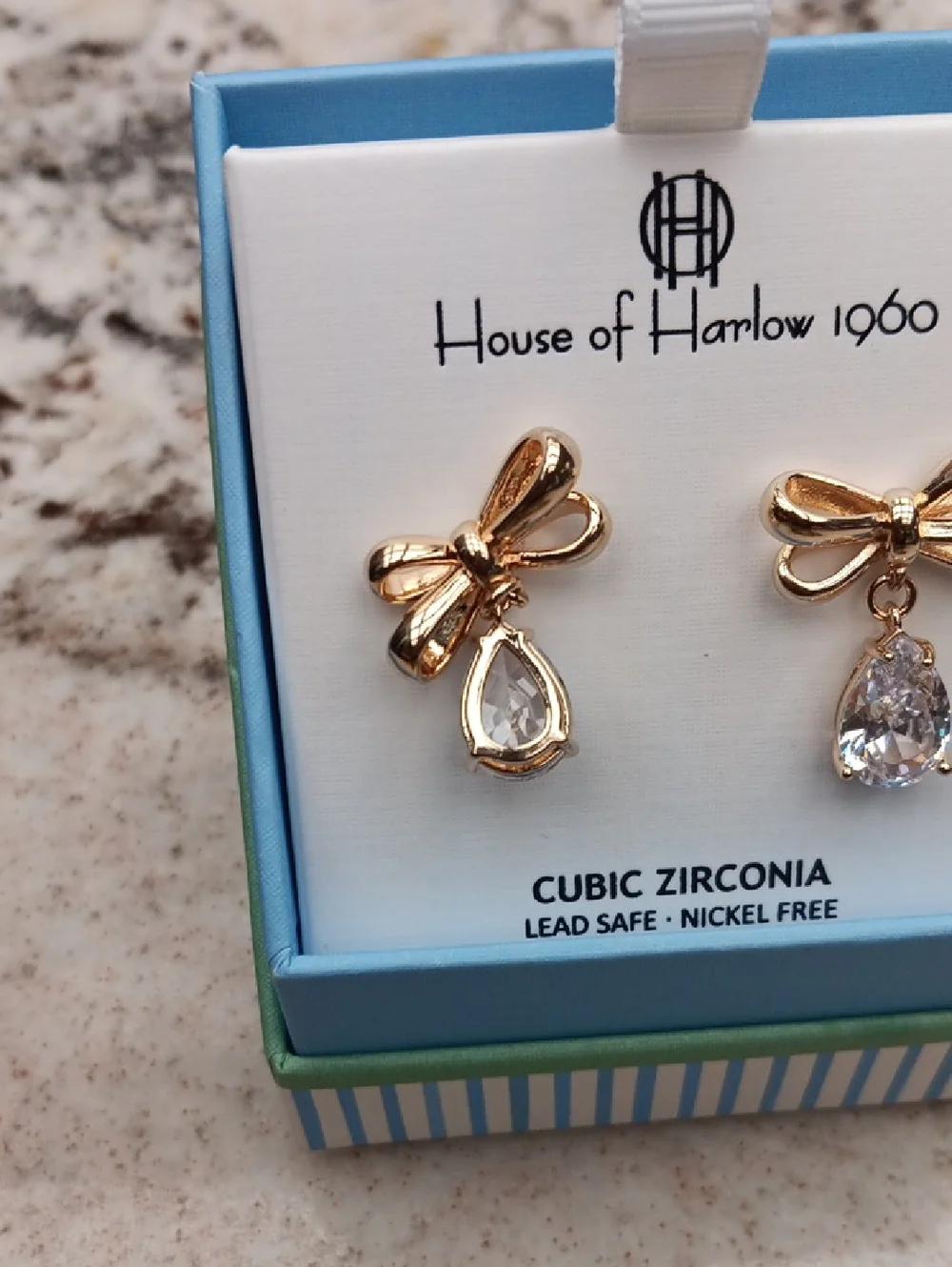 House of Harlow 1960 Gold Bow Earrings with Clear Teardrop Cubic Zirconia NIB