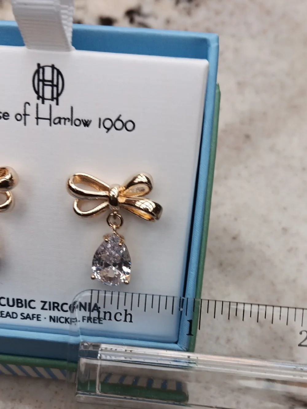 House of Harlow 1960 Gold Bow Earrings with Clear Teardrop Cubic Zirconia NIB