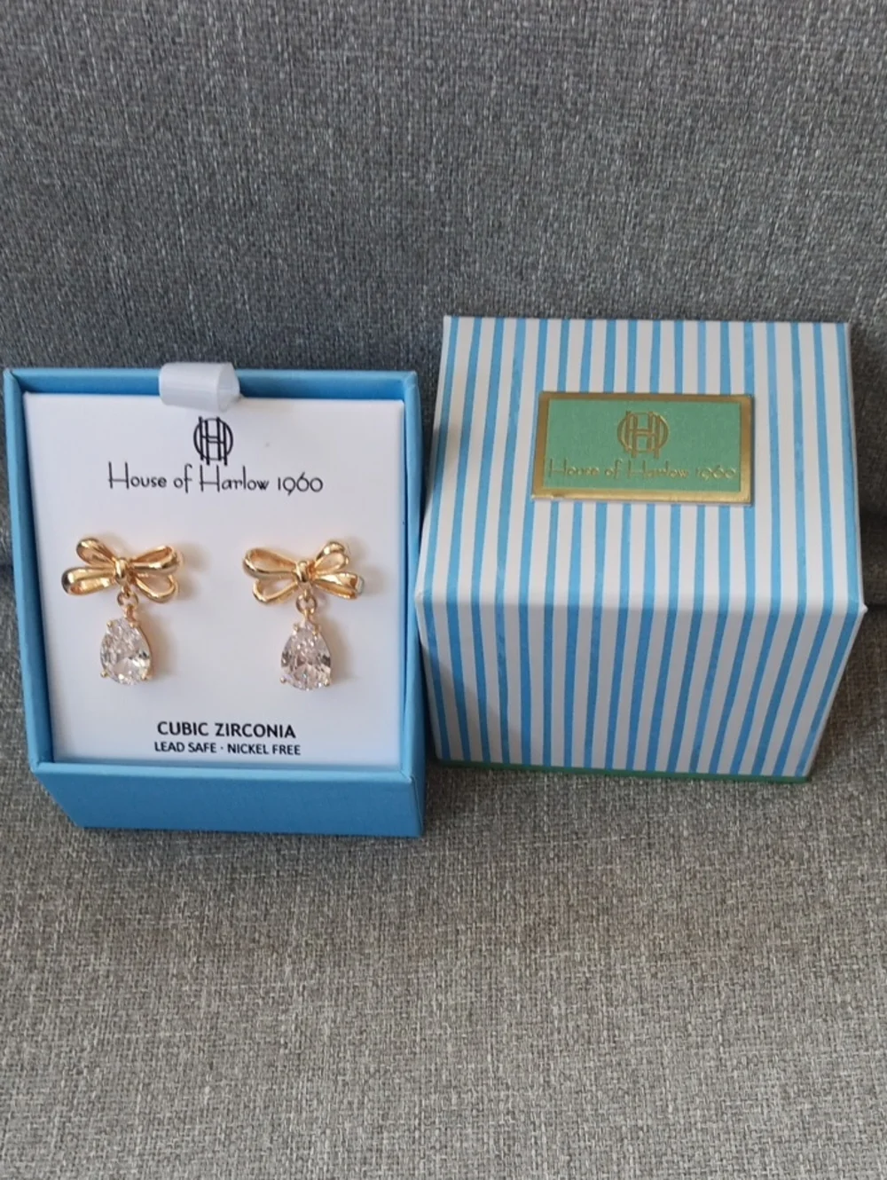 House of Harlow 1960 Gold Bow Earrings with Clear Teardrop Cubic Zirconia NIB