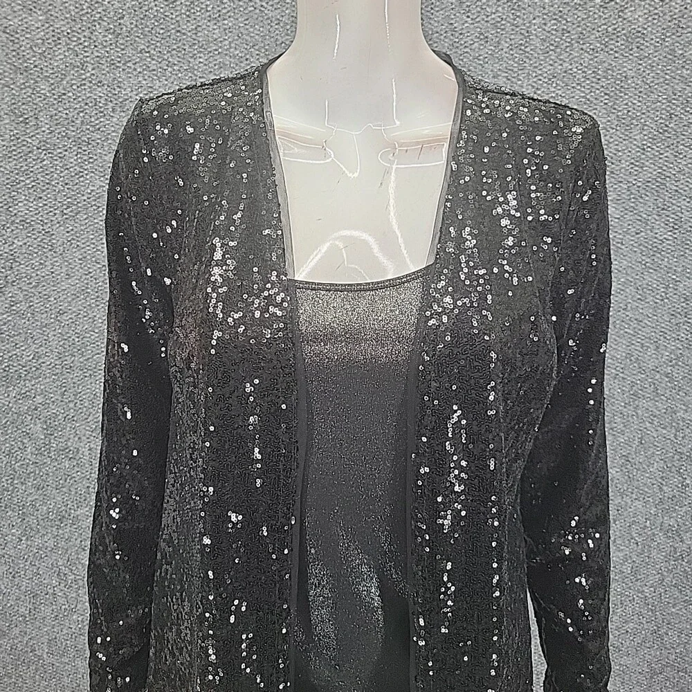 Isaac Mizrahi Live Trendy Sequin Dressy Party Open Cardigan X-Small Size Black