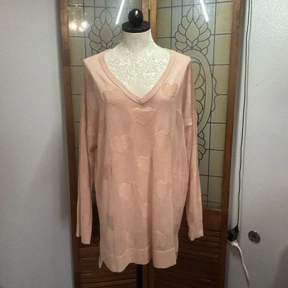 Torrid Jacquard Blush Pink V-Neck Heart Pull Over Sweater Hi Lo Hem Plus Size 1X