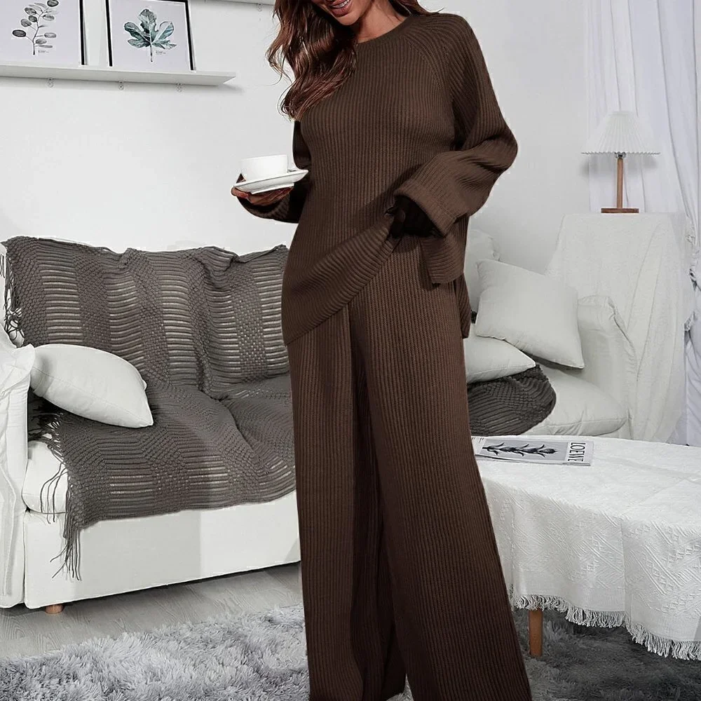 Brown Casual Womens Raglan Sleeve Sweater & Knit Wide Leg Pants