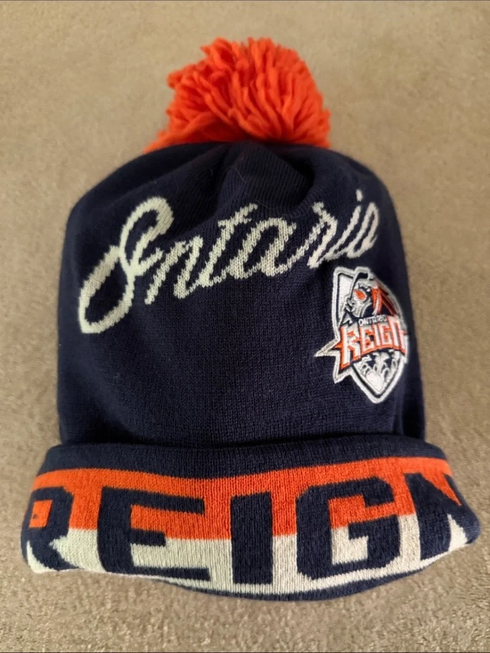 CCM Navy White and Orange Ontario Reign Pom Beanie