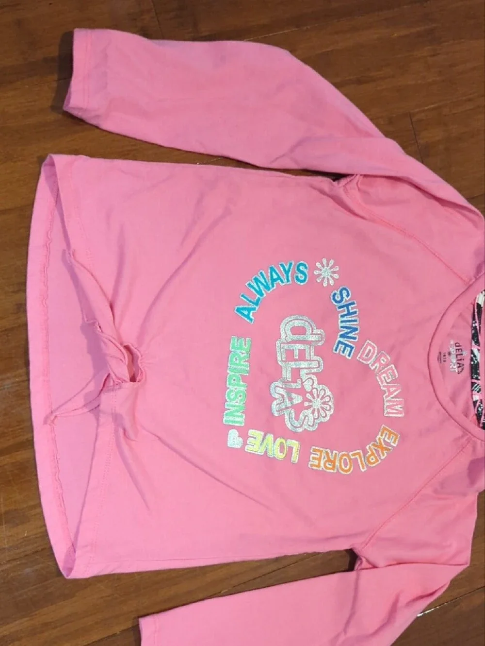 dELiA*s Pink Long Sleeve Knot-Front Tee with Colorful Graphic