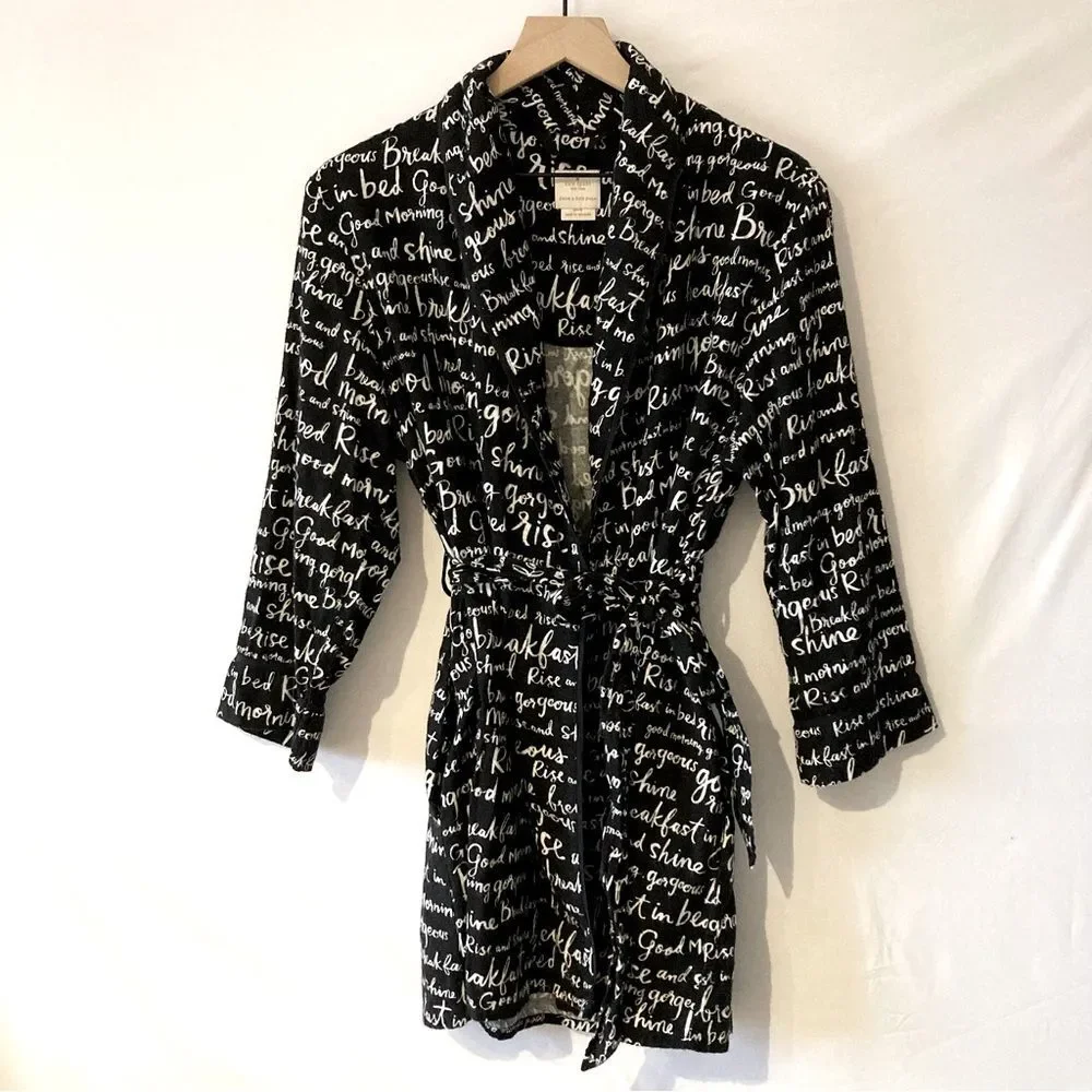 Kate Spade Dream a Little Dream Flannel Robe Medium Black White Script Words