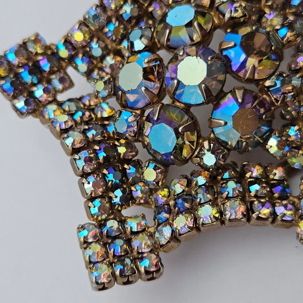 Vintage Aurora Borealis Rhinestone Star Brooch Gold Tone MCM Blue