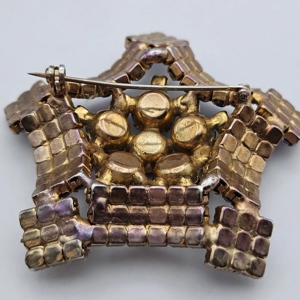 Vintage Aurora Borealis Rhinestone Star Brooch Gold Tone MCM Blue