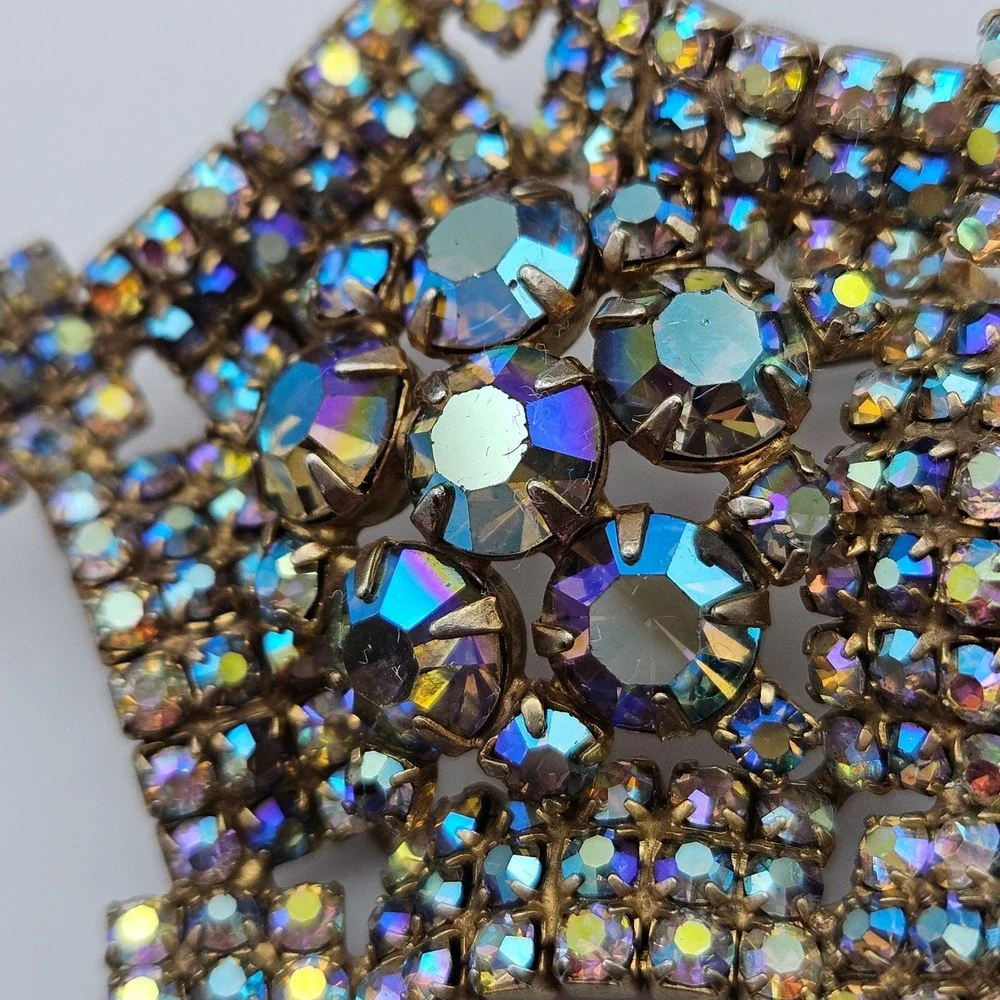 Vintage Aurora Borealis Rhinestone Star Brooch Gold Tone MCM Blue