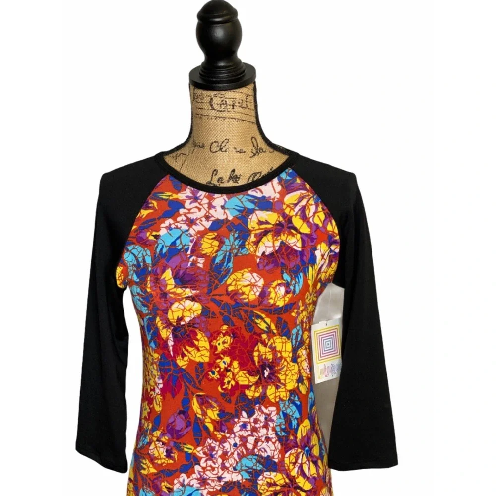 LuLaRoe Randy Baseball Tee XXS Orange Floral Abstract 3/4 Sleeve Raglan Shirt