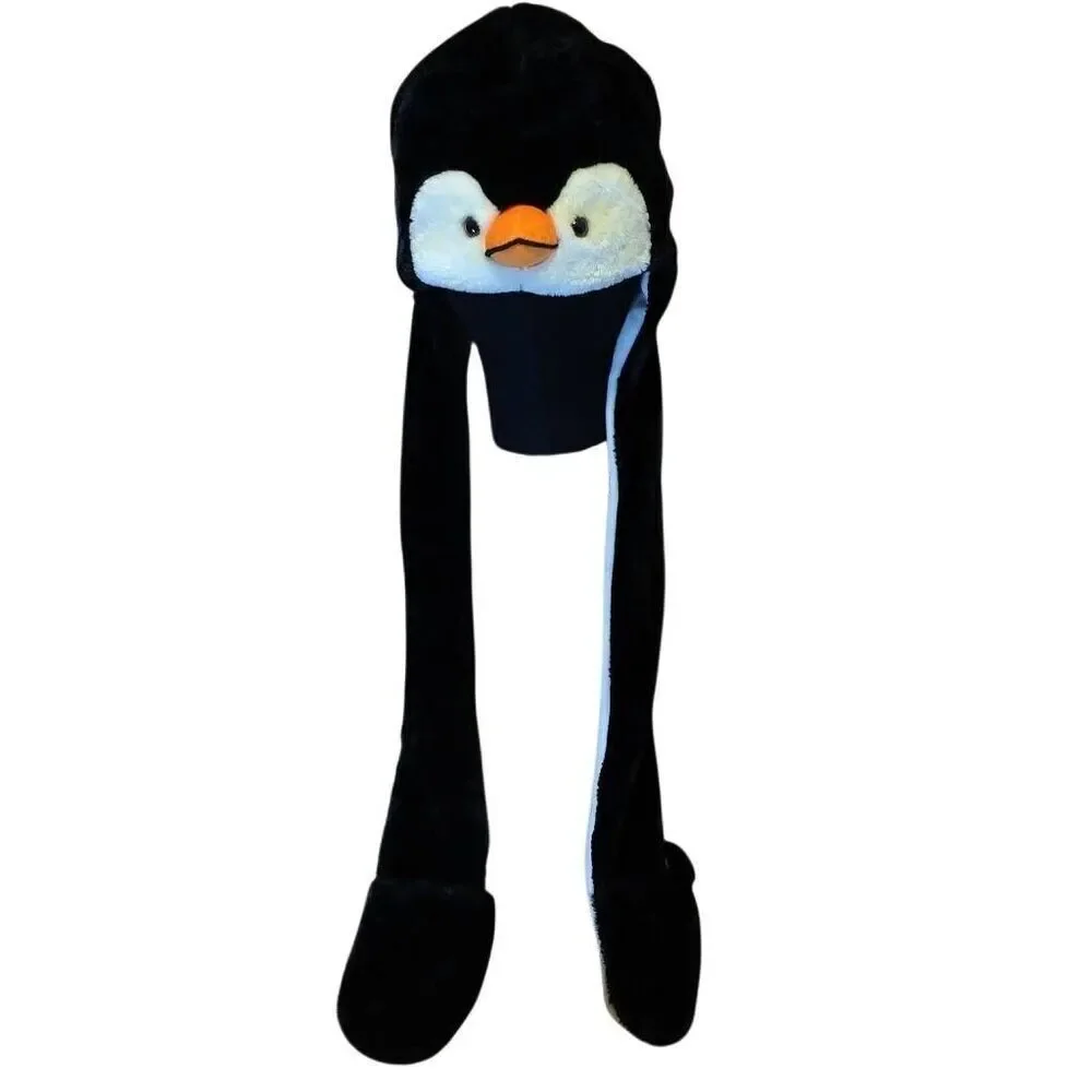 Fuzzy Warm Adult Penguin Hat with built in Scarf and Hand warmers