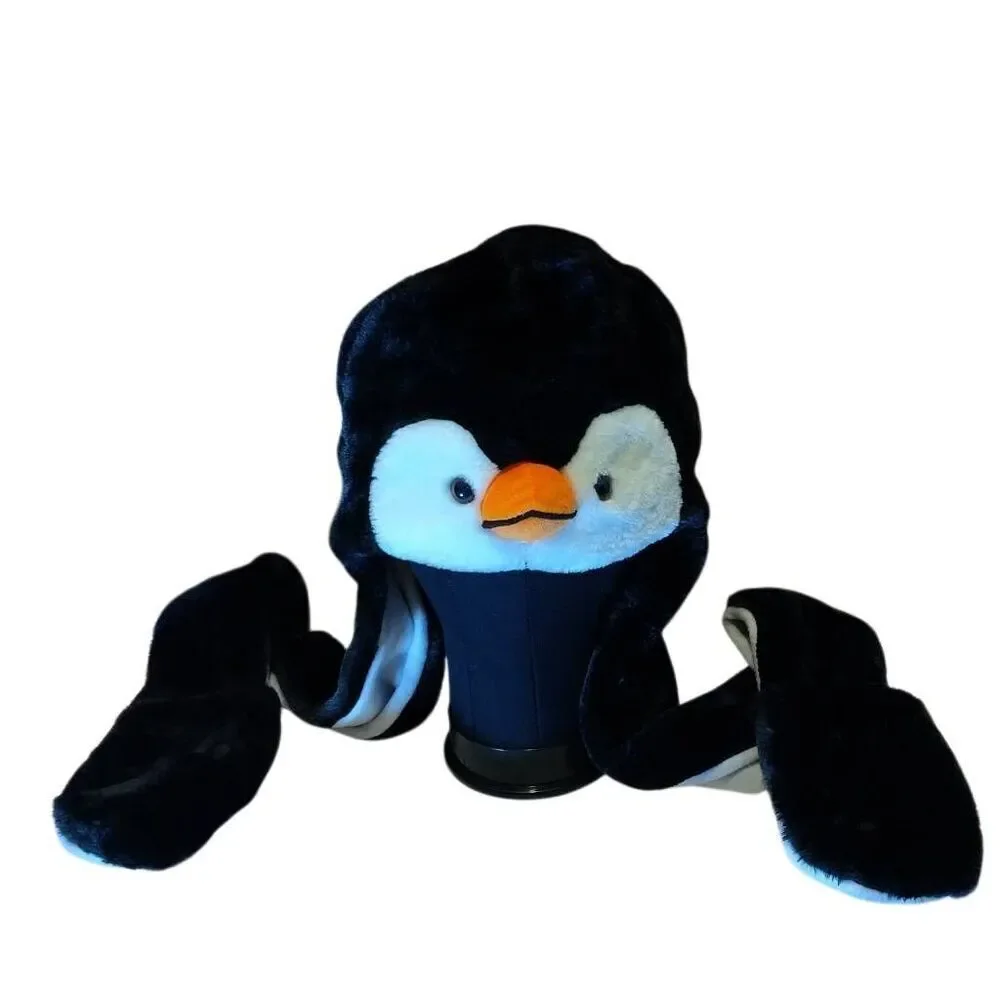 Fuzzy Warm Adult Penguin Hat with built in Scarf and Hand warmers