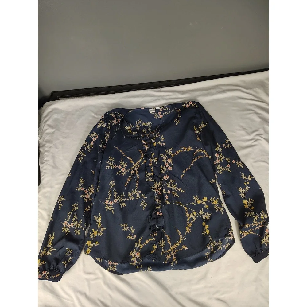 Gap Womens Navy Blue Floral Ruffle Front Long Sleeve Blouse Size M 1166