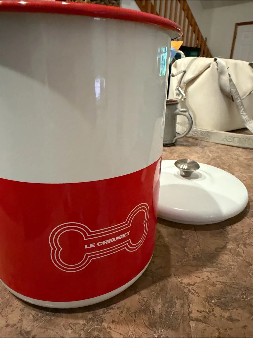 Le Creuset Red and White Enamel Pet Canister