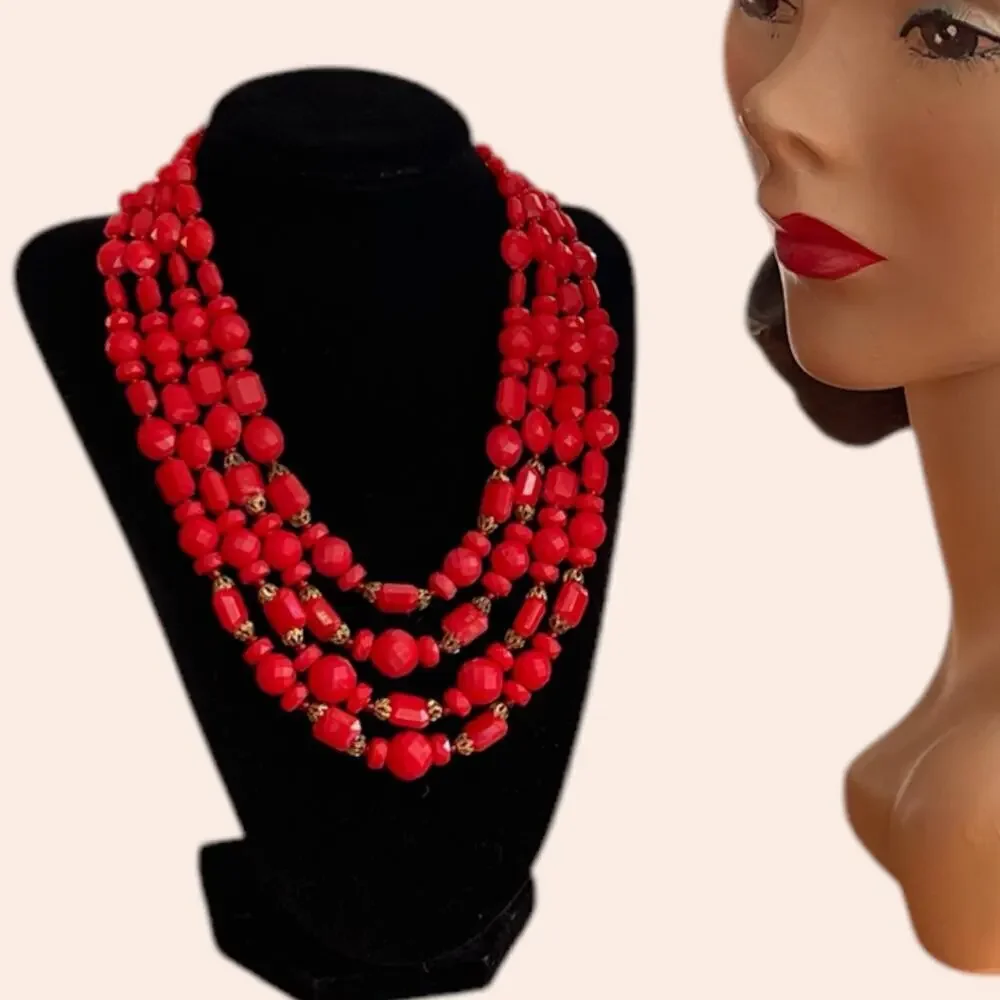 Vintage Red Four Strand Necklace Western Germany Faceted Acrylic AB Finish
