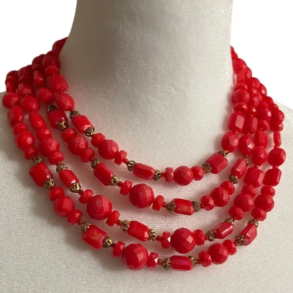 Vintage Red Four Strand Necklace Western Germany Faceted Acrylic AB Finish