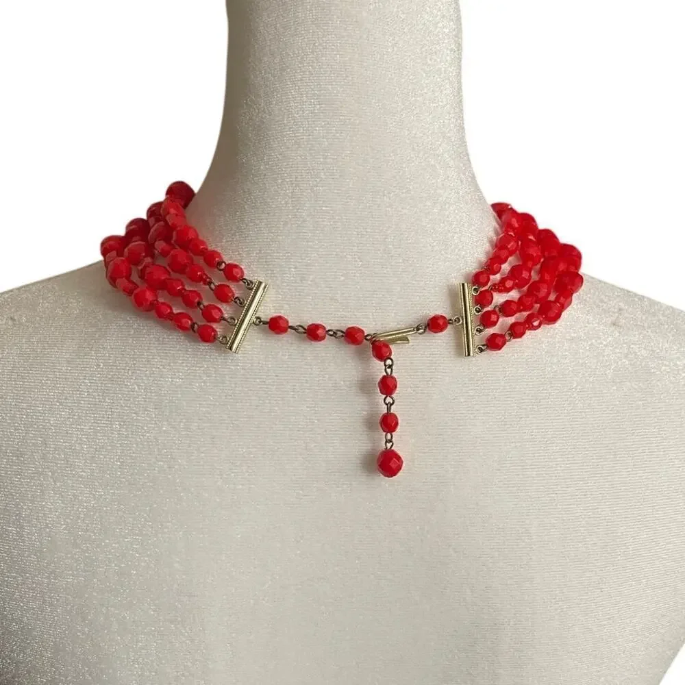 Vintage Red Four Strand Necklace Western Germany Faceted Acrylic AB Finish
