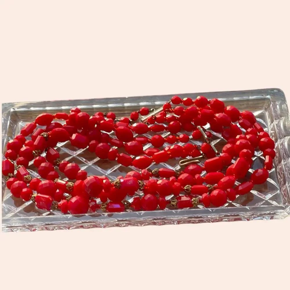 Vintage Red Four Strand Necklace Western Germany Faceted Acrylic AB Finish