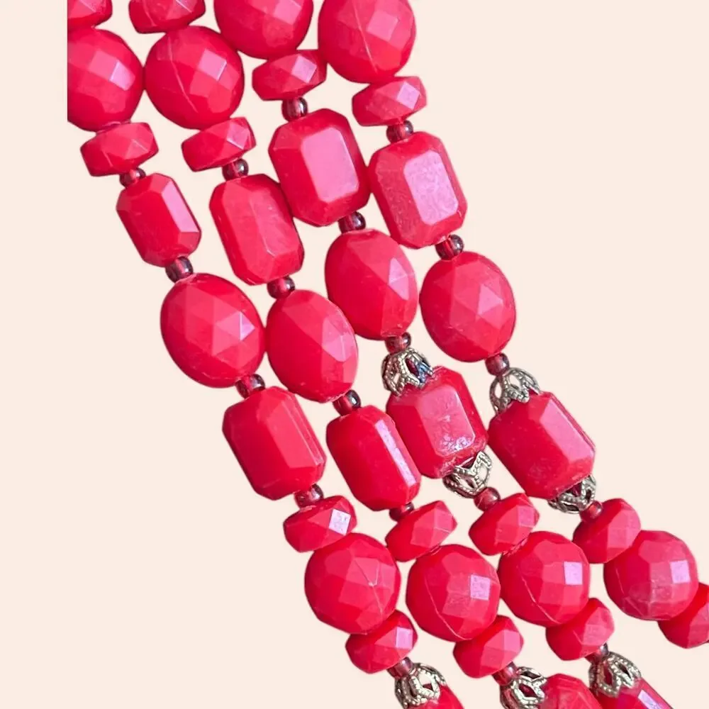 Vintage Red Four Strand Necklace Western Germany Faceted Acrylic AB Finish